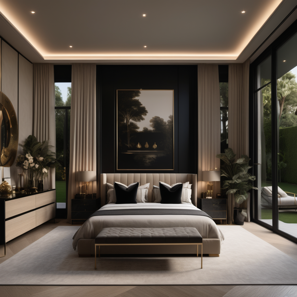 a hyperrealistic of an elegant Modern Parisian estate home master bedroom with mood lighting, with floor to ceiling windows overlooking the pool and lush gardens, in a beige oak brass and black colour palette 
