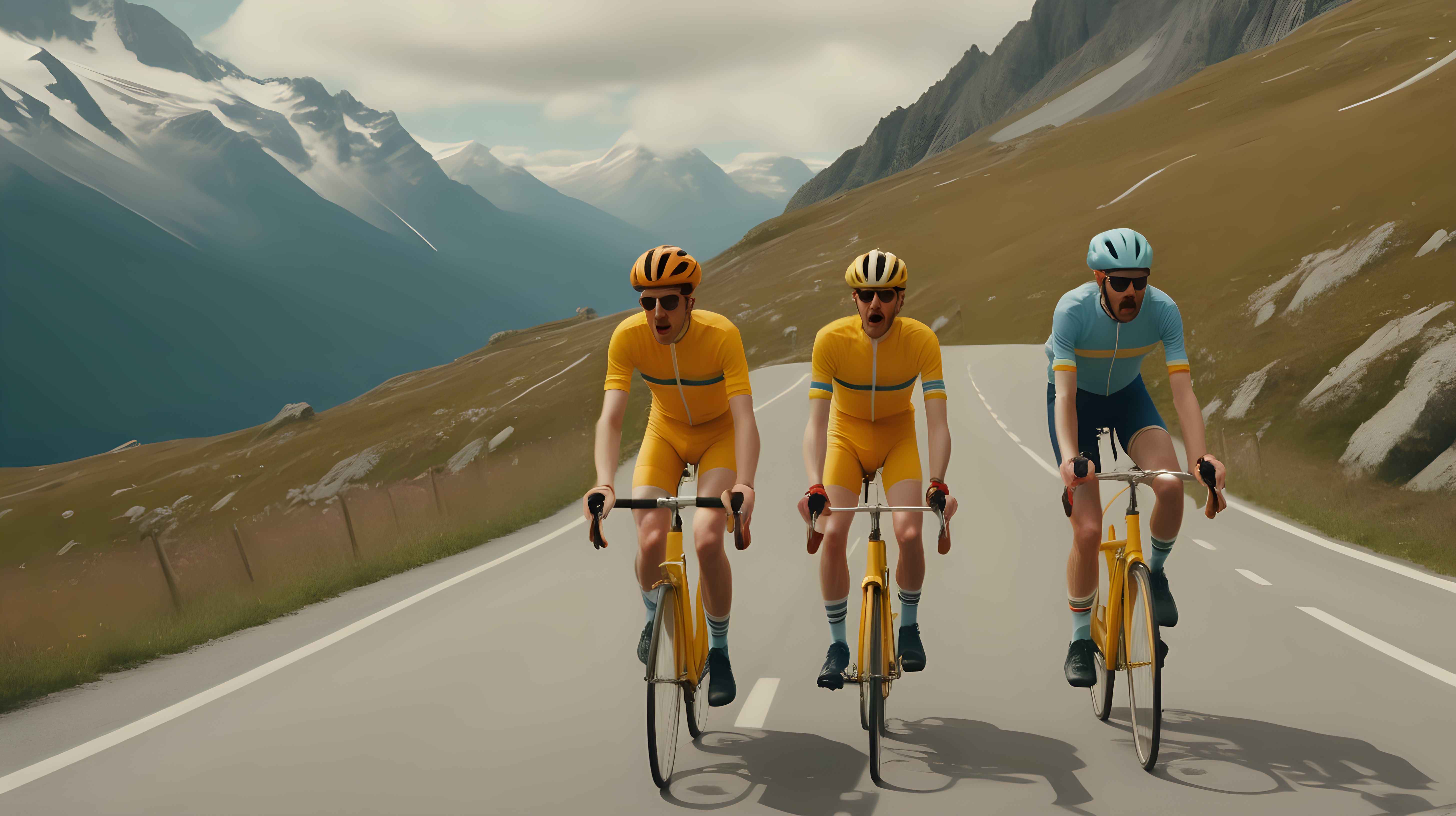 2 amateur cyclists riding road bicycles up a windy alpine road in the style of a  wes anderson film