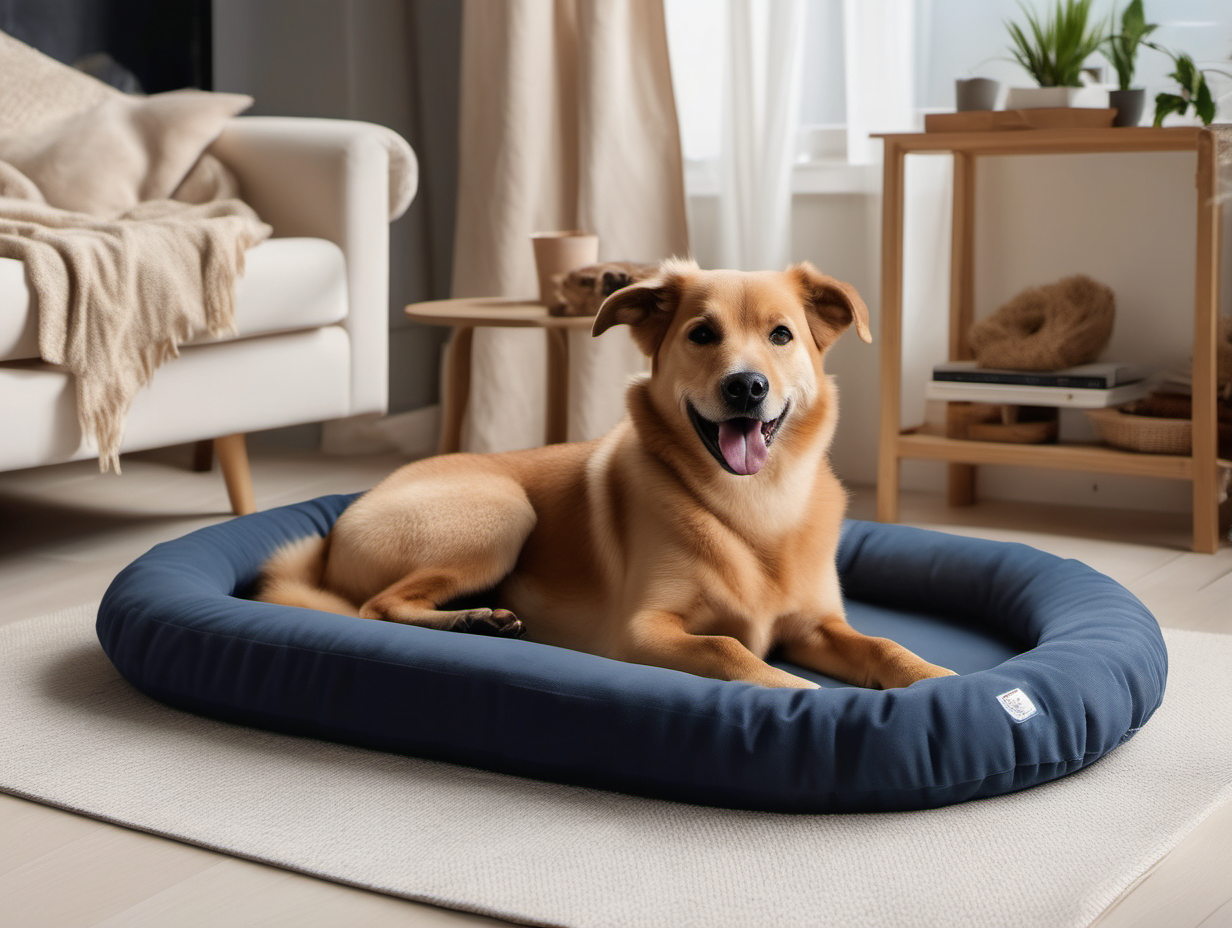Create an image of a dog relaxing on the soft, flat, thin dog mattress in the living room. The matters shape is oval,   the color is navy. The dog is young, of a large size, looks happy and relaxed, with the tongue out, laying on the cover sideways to the camera, looking to the right, turned away from the camera. The color of dog is beige. The room is sunlit, the weather outside is bright and sunny.