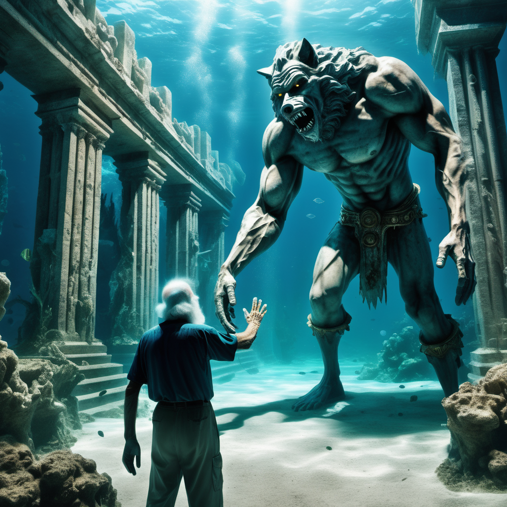 Deep Underwater Citys ruins of Atlantis in foreground