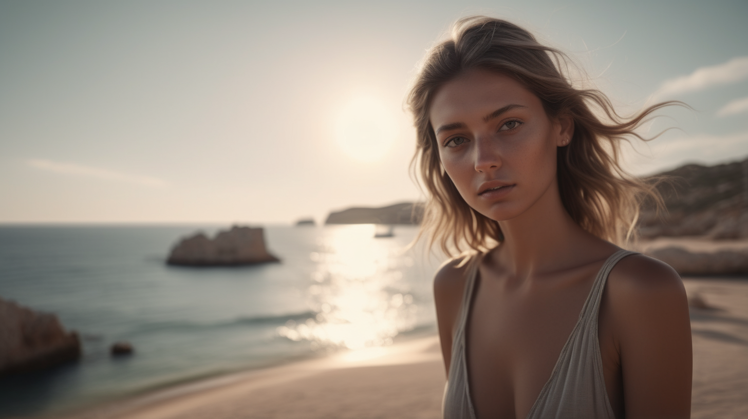 Chill-out, super realistic, ibiza, beach. The lighting in the portrait should be dramatic. Sharp focus. A ultrarealistic perfect example of cinematic shot. Use muted colors to add to the scene