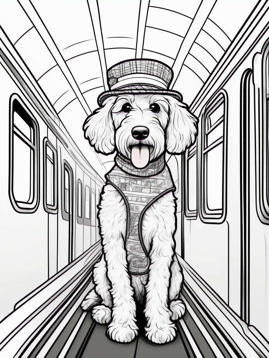 Cute female golden doodle getting on a train