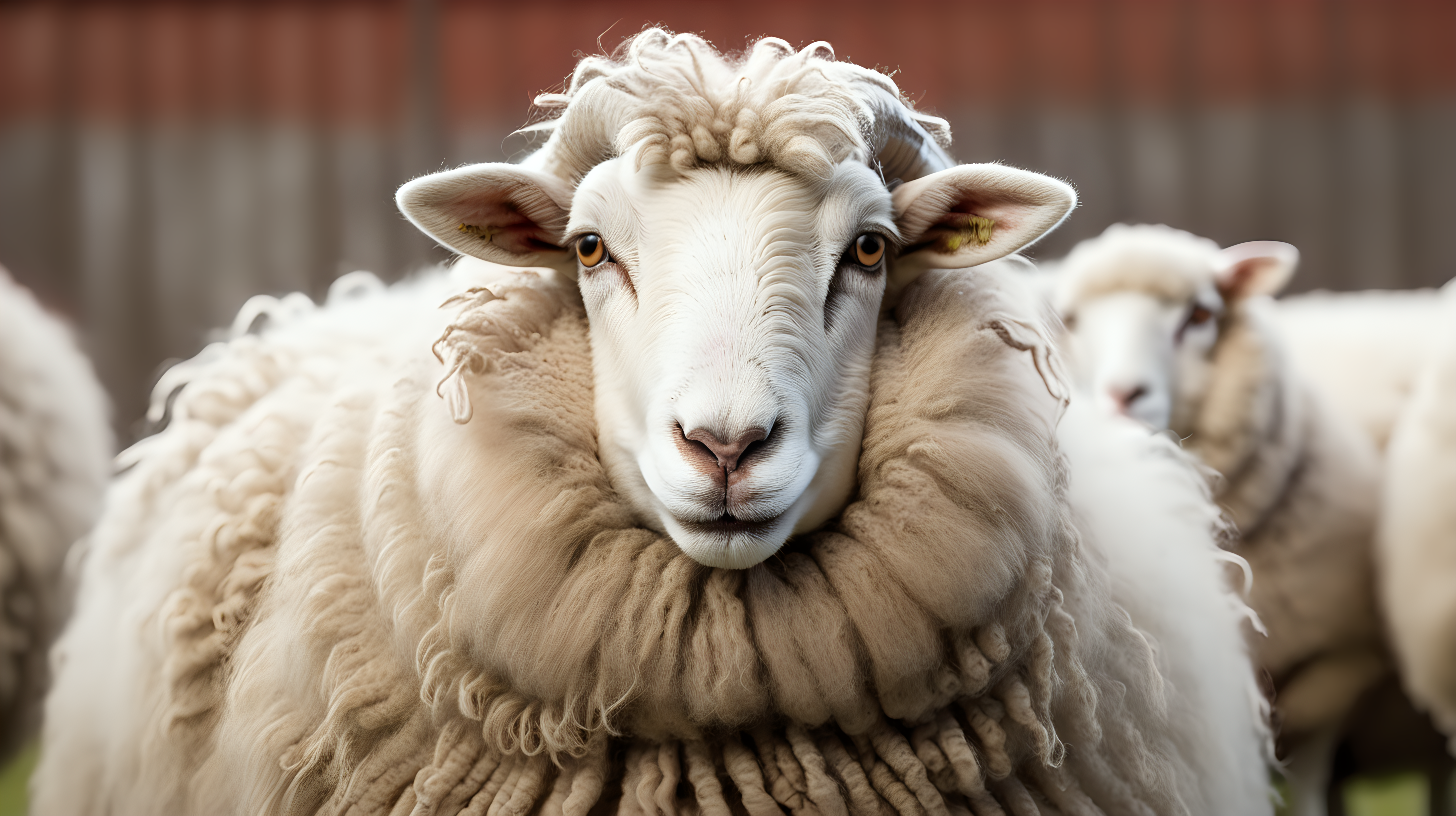 Portrait woolly sheep on the farm, isolated on background, copy space, photo shoot