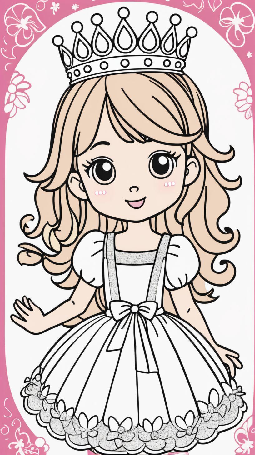 Cover of a children's coloring book, a girl wearing a princess crown, full color, consistent coloring, basic cartoon in the Kawaii style, color filling, full body, and wearing a dress.