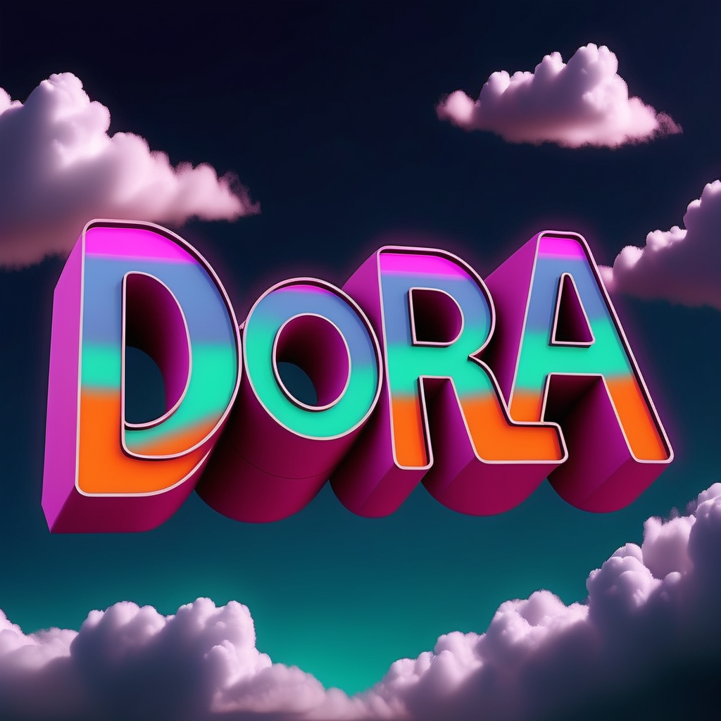 spell out the name "DORA" in neon lights in the sky with clouds without a cartoon character no picture no image