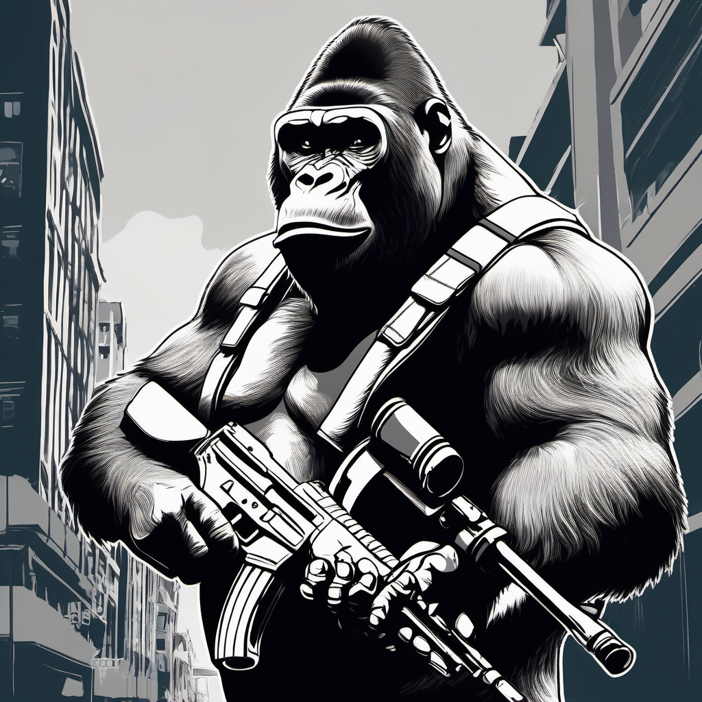 draw a street gangster silverback gorilla wearing a backpack while holding an ak 47