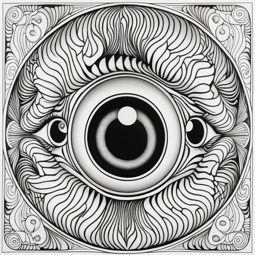 adult coloring book, black & white, clear lines, detailed, symmetrical mandala earthworm eyeball