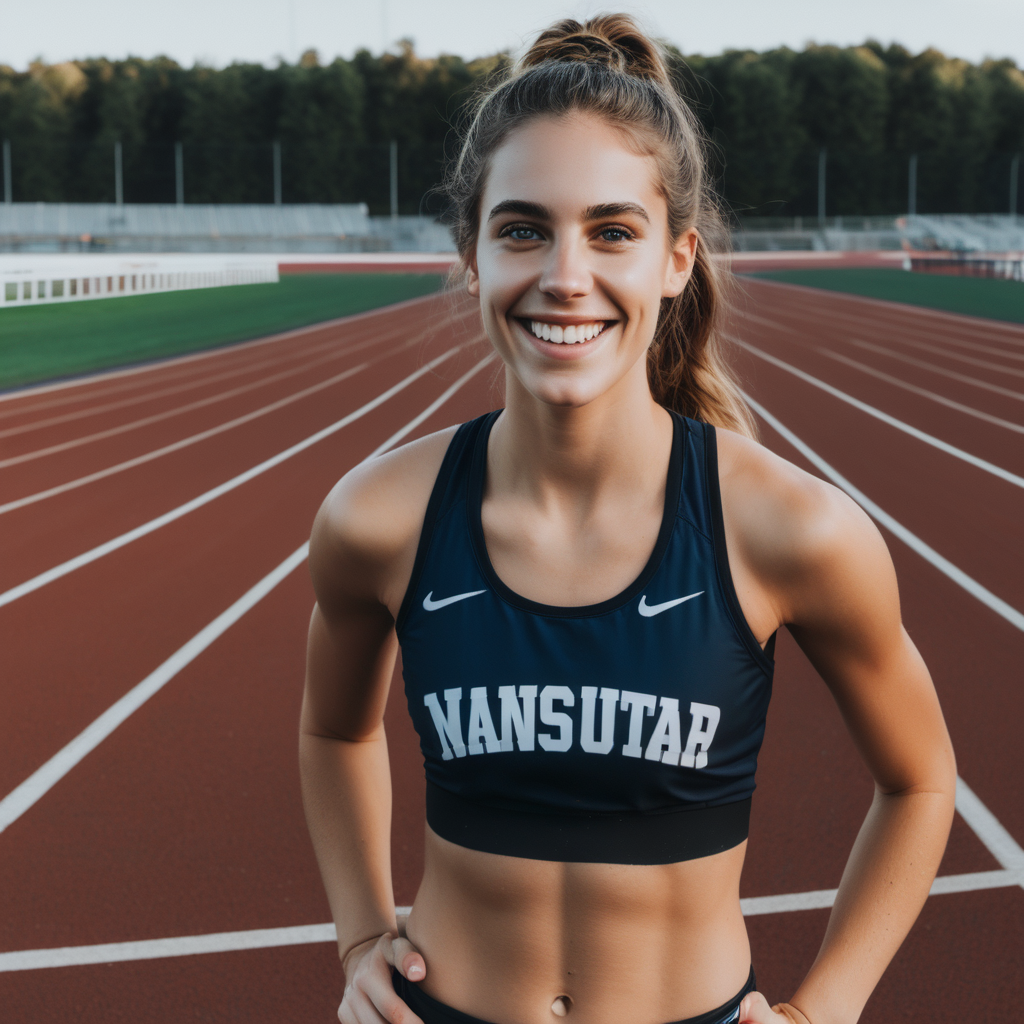 Using the same background in each frame, Emily Feld smiling in athletic gear at the track