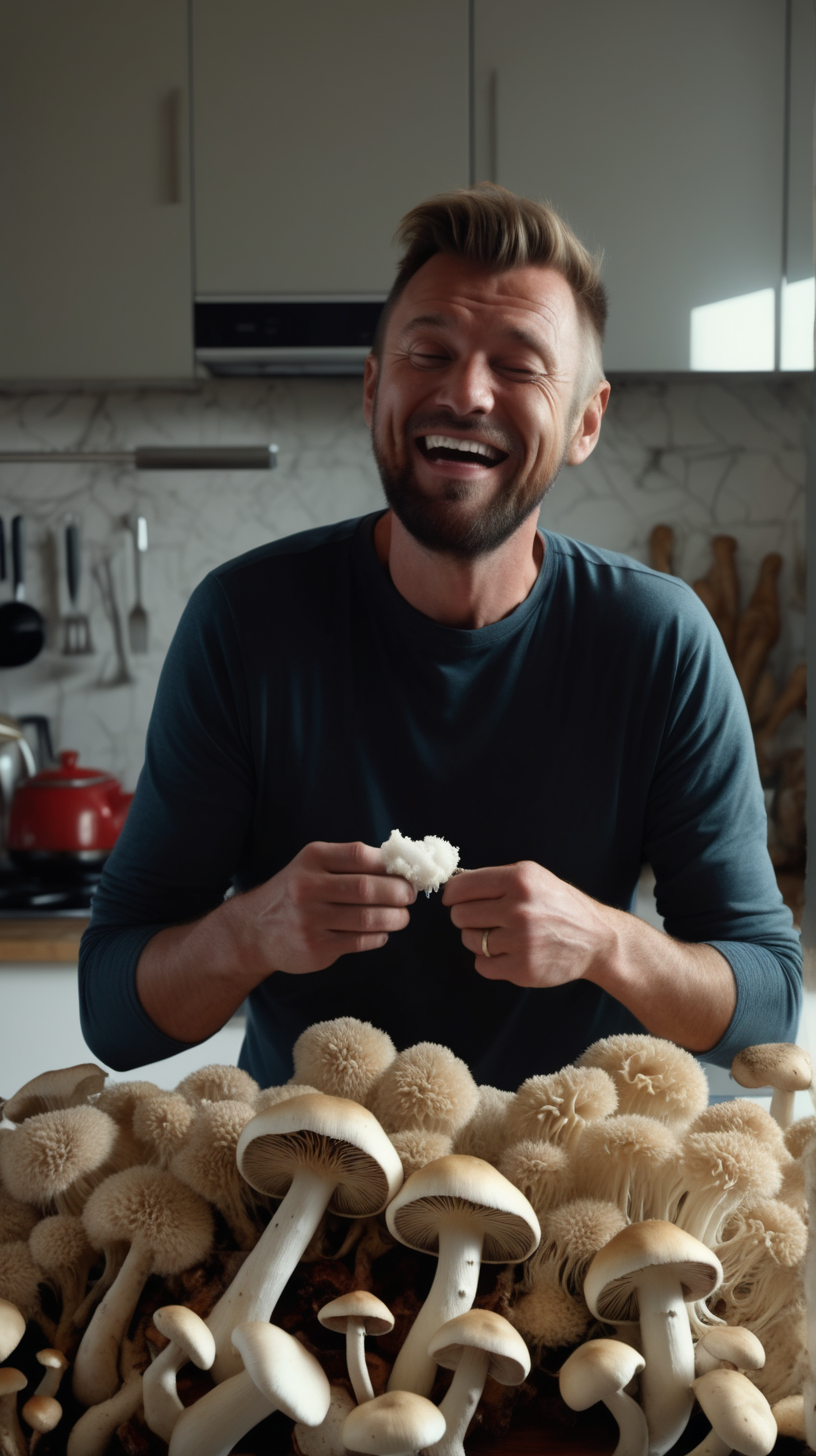 man in his kitchen in the morning looking happy surrounded by lions mane mushrooms; he cant stop eating them;  4k