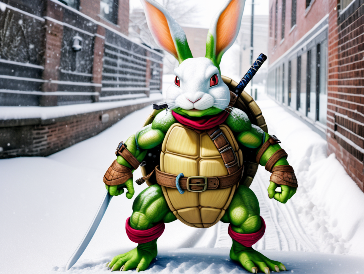 White rabbit in snow dressed as a teenage mutant ninja turtle 