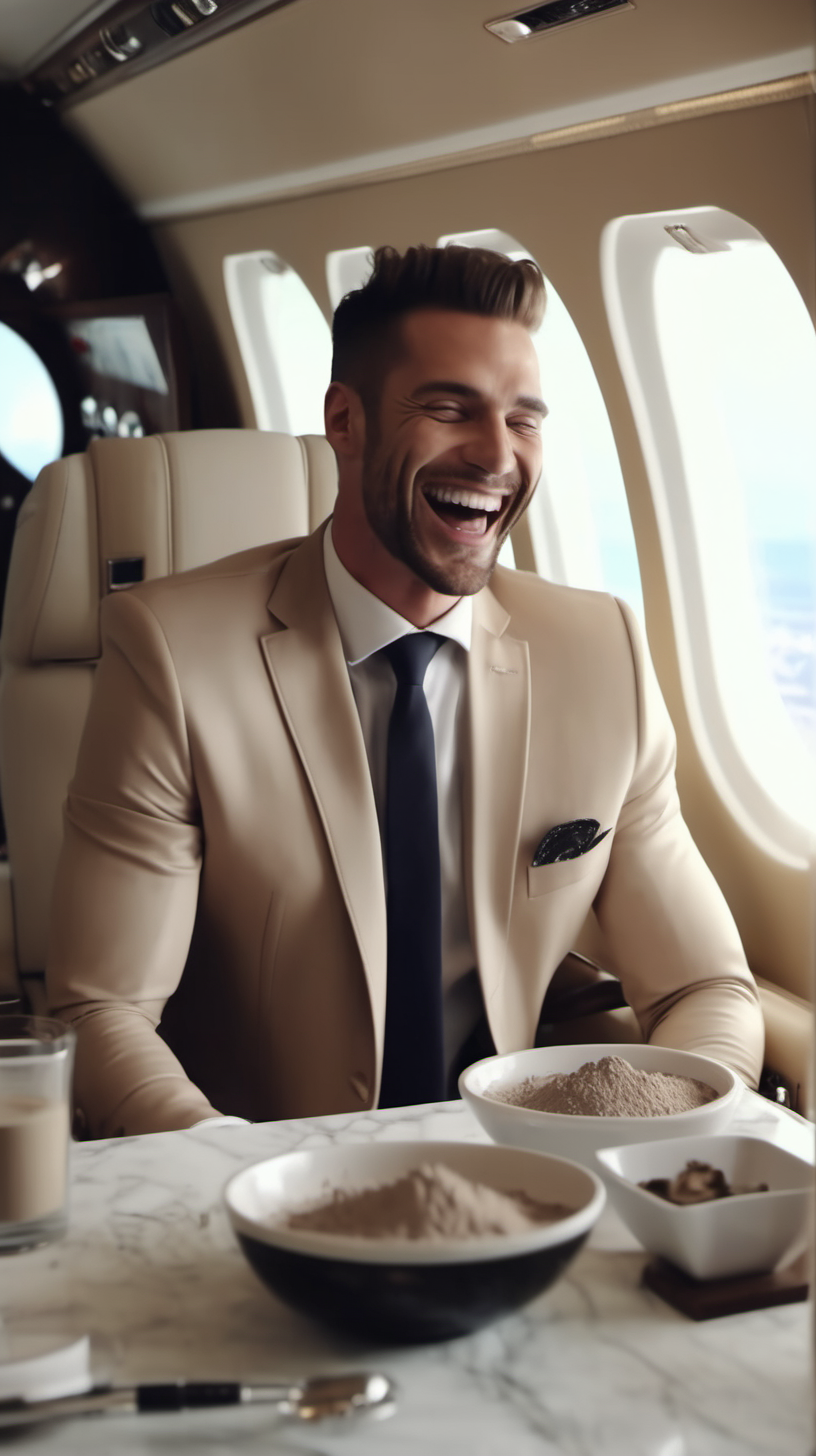 handsome man laughing in his private jet with his friends wit a pile of mushroom powder on the table 4k