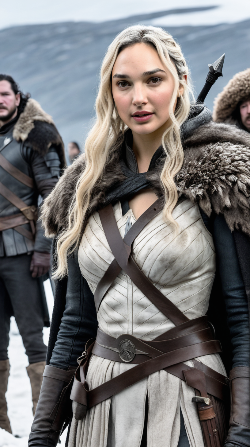 Gal Gadot, with waist-length white-blonde hair standing with Jon Snow