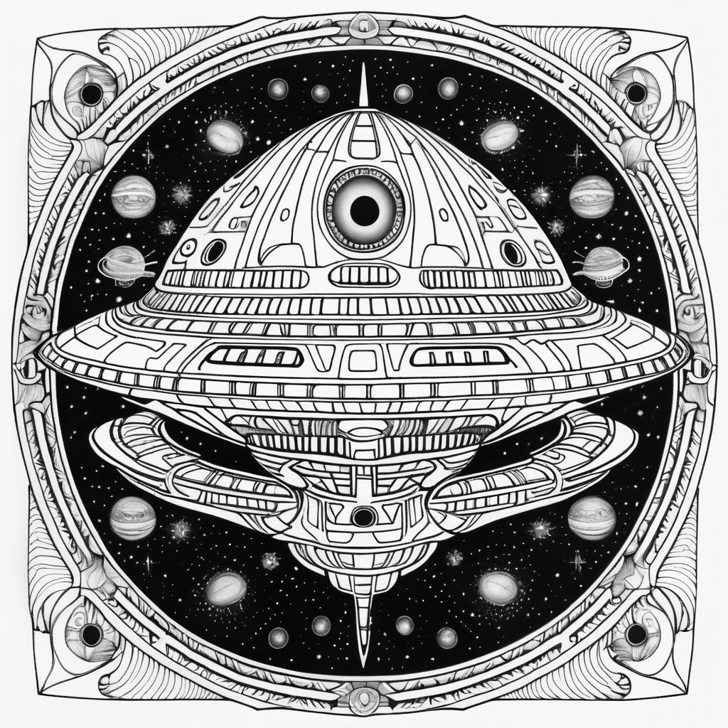 adult coloring book, black & white, clear lines, detailed, symmetrical mandala evil alien spaceship galaxy