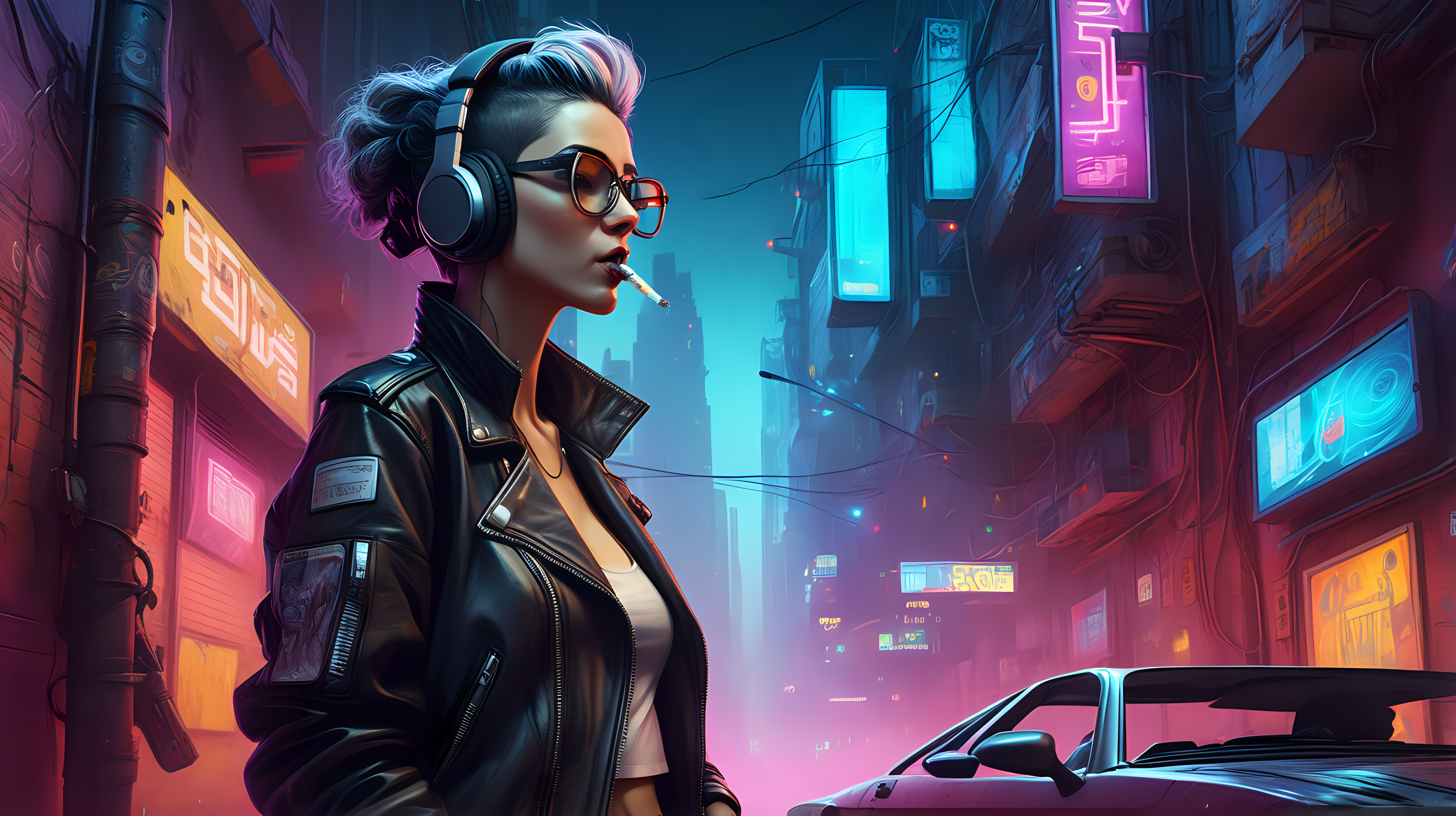 ilm stock full body portrait very detailed woman smoking a cigarette wearing a leather jacket headphones on her head glasses leaning against a wall in a cyberpunk city very detailed flying car passing in colored background at night.