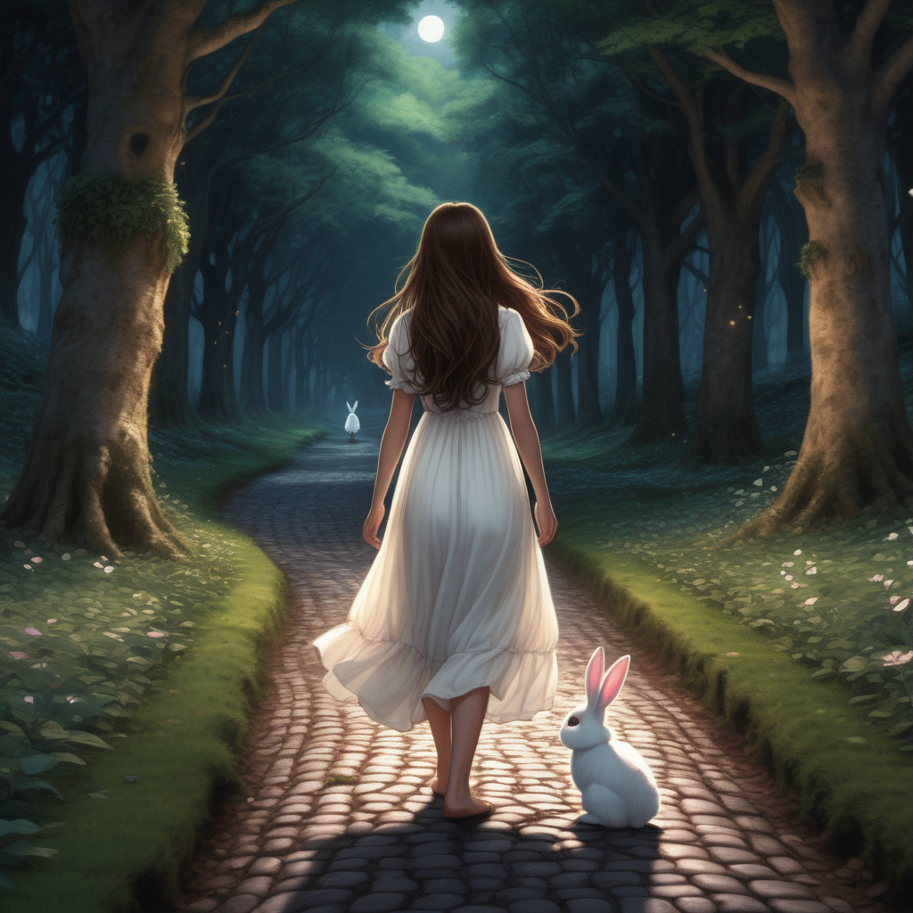 A teenage girl with long brown hair walks on a magical cobblestone road. It's getting dark. There is a forest in front of her. A bunny is next to her feet. She's wearing a white flowy dress.  Could you not show her back? 