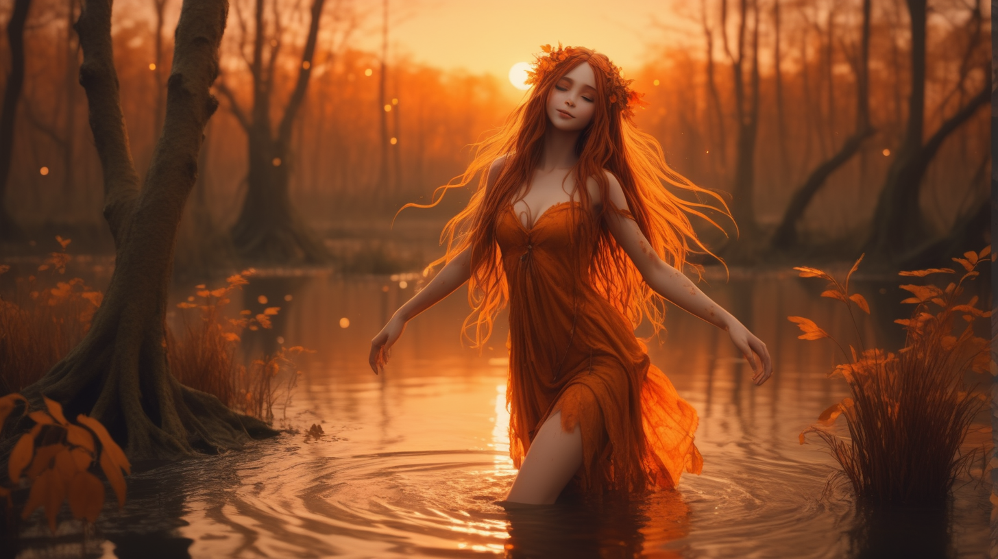 Orange sunset themed beautiful cute comforting shy dryad waifu in an autumn swamp smiling freckles amber eyes majestic long hair  full body dancing on water in love