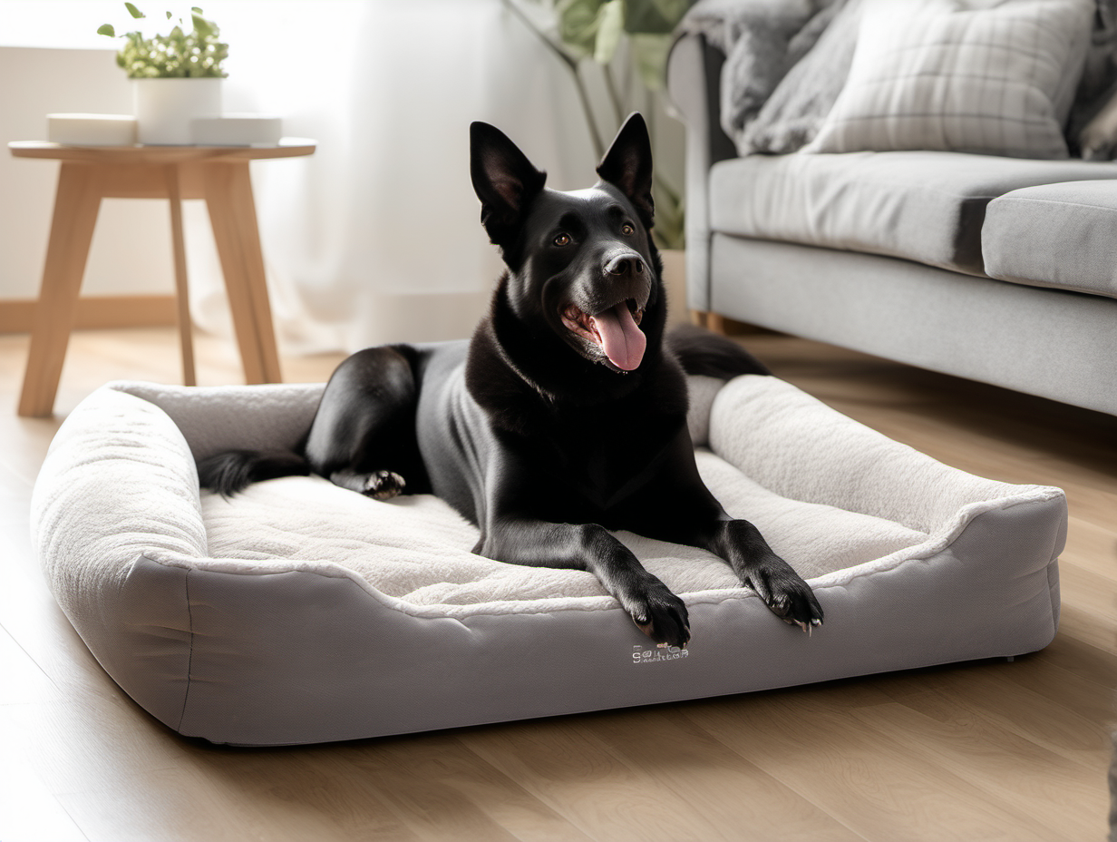 Create an image of a dog relaxing on the orthopedic dog bed. The dog bed type is orthopedic couch-like, light grey color. The dog is of a large size, looks happy and relaxed, with the tongue out, laying on the bed sideways to the camera, looking to the right, turned away from the camera. The color of dog is greyish brown. The dog bed is placed on the floor in the room. The room is lit with sunlight.