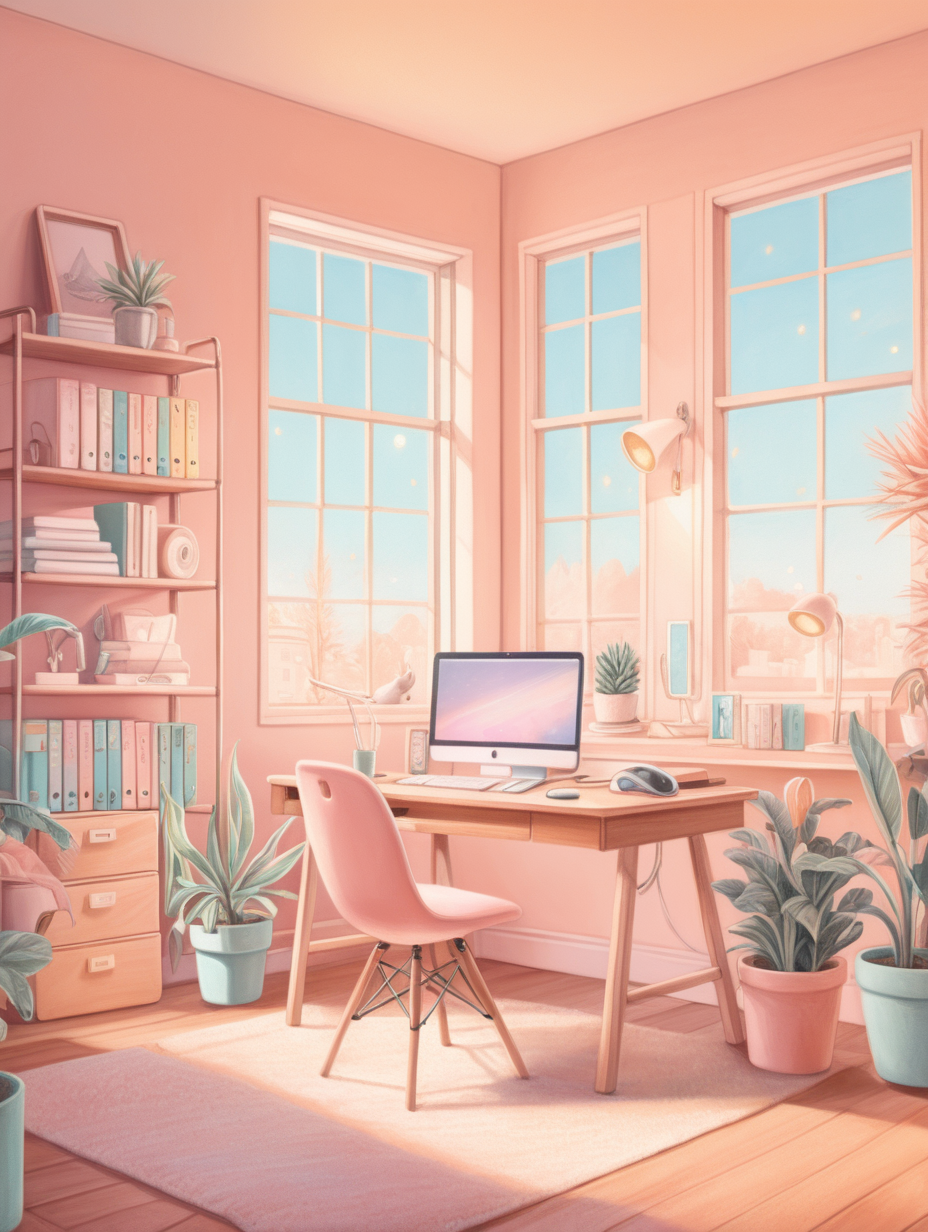home office background, pastel, handdrawn, cinematic, sunny, warm lighting, lofi, ,cute, simple