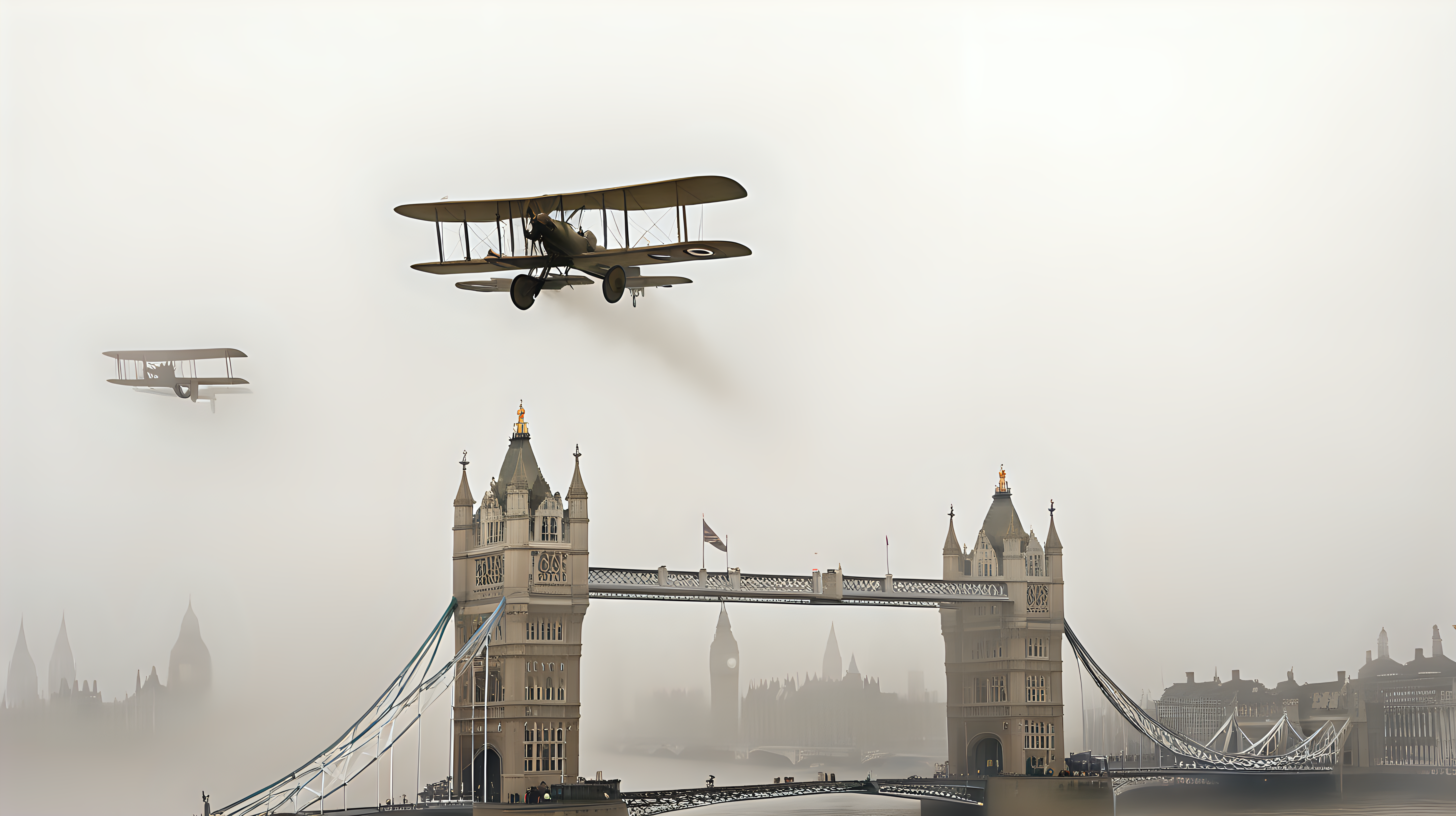 WW1 planes flying over London bridge shrouded in