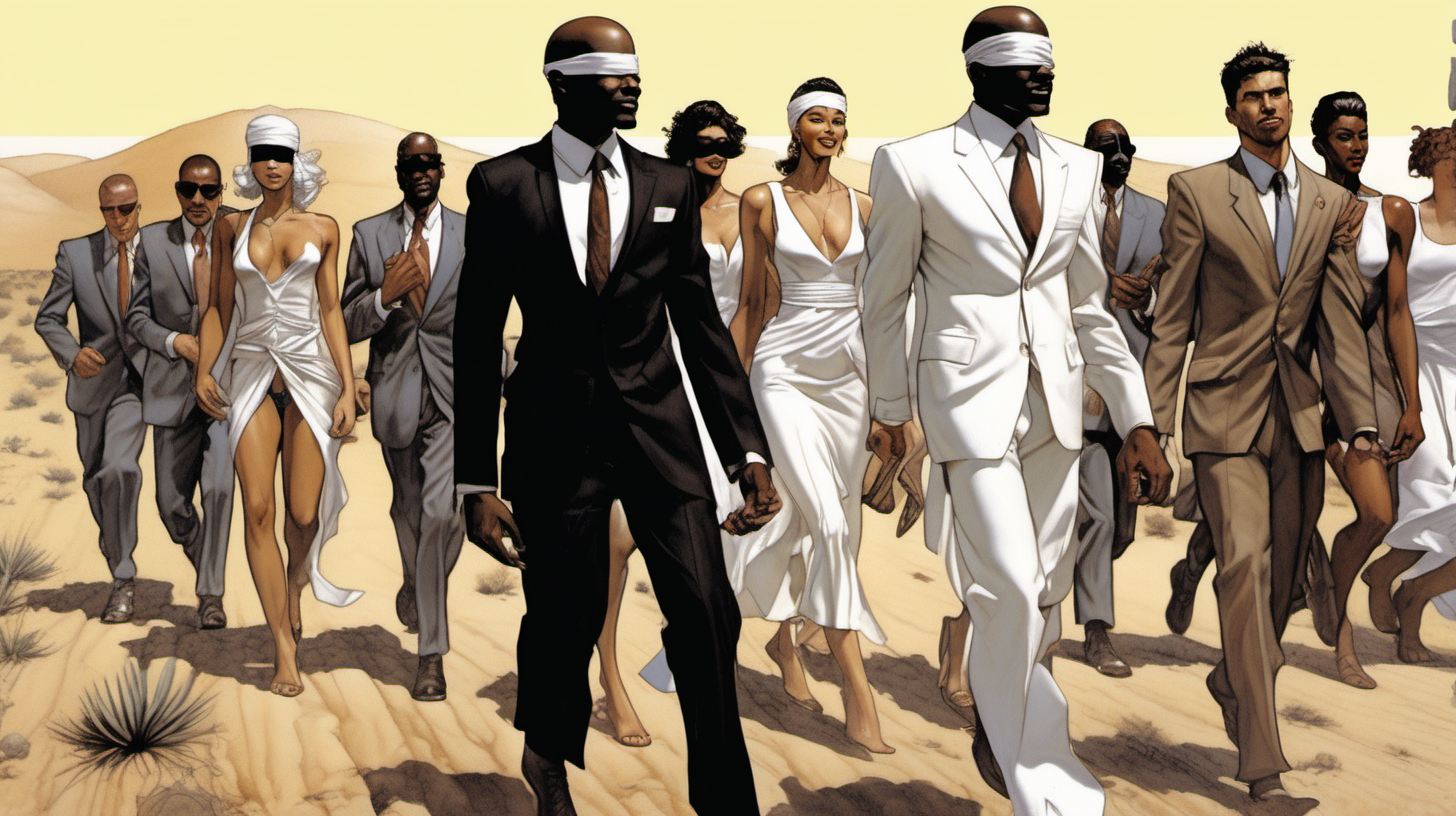 a blindfolded black man with a smile leading a group of gorgeous and ethereal white,spanish, & black mixed men & women with earthy skin, walking in a desert with his colleagues, in full American suit, followed by a group of people in the art style of Hajime Sorayama comic book drawing, illustration, rule of thirds