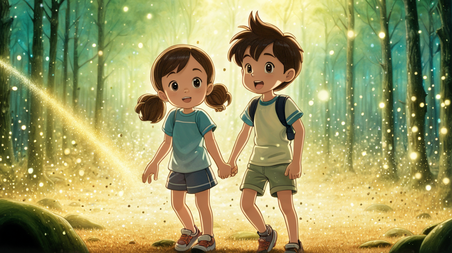cartoon boy and girl surrounded by sparkling dust in the forest
