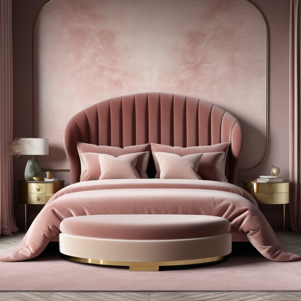 a hyperrealistic image of a velvet modern Parisian  bed with curved headboard  in dusty rose, beige and brass 
