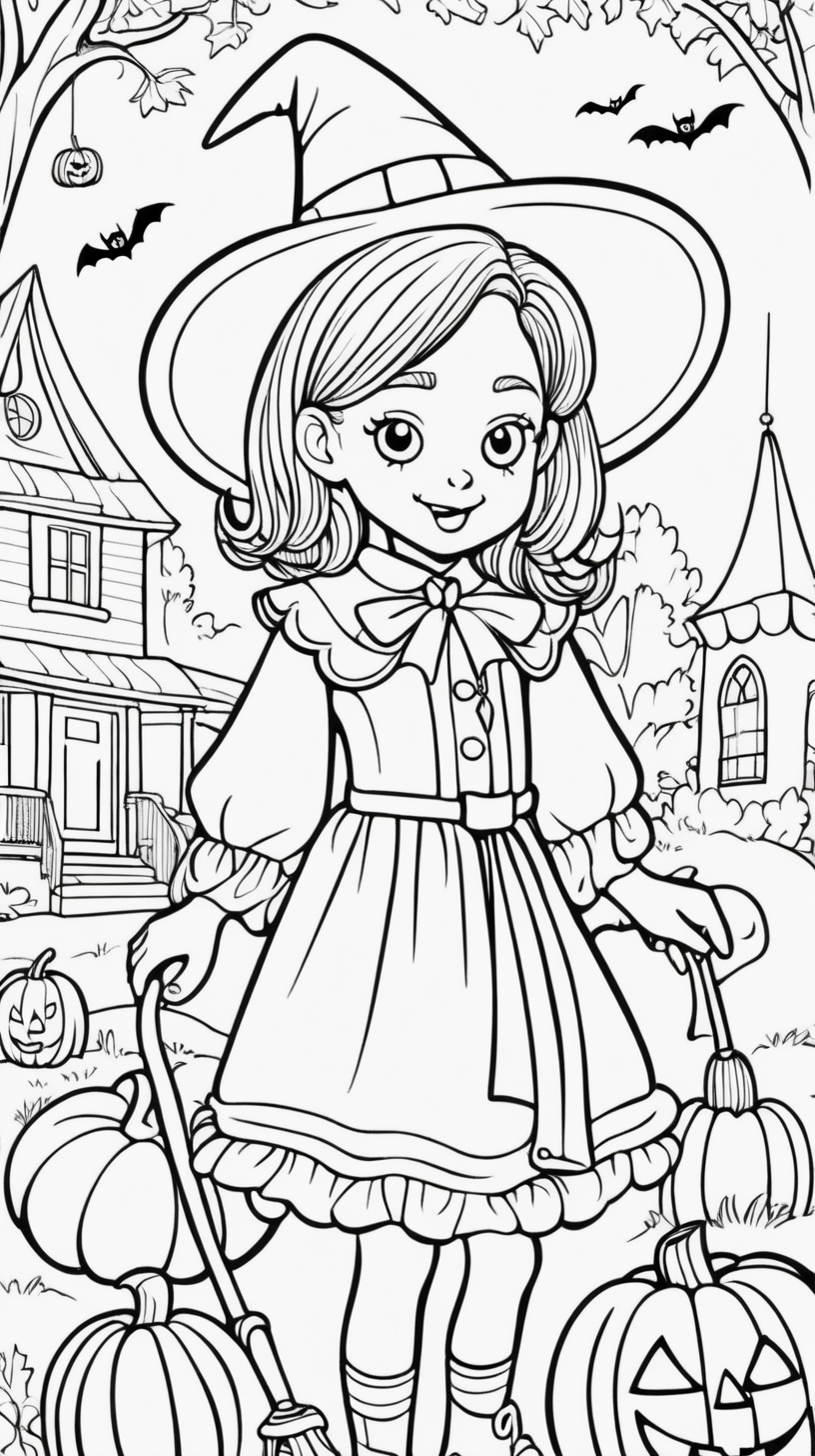 Cover of a children's coloring book: girl at a Halloween party, full color  