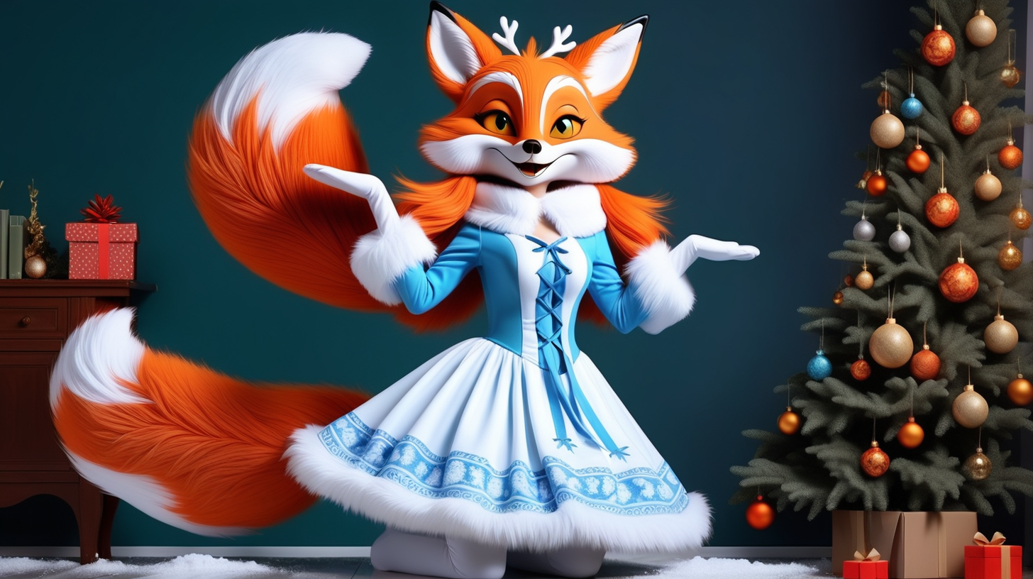 Хитрая лиса надела костюм снегурки и стоит на двух ногах около елки