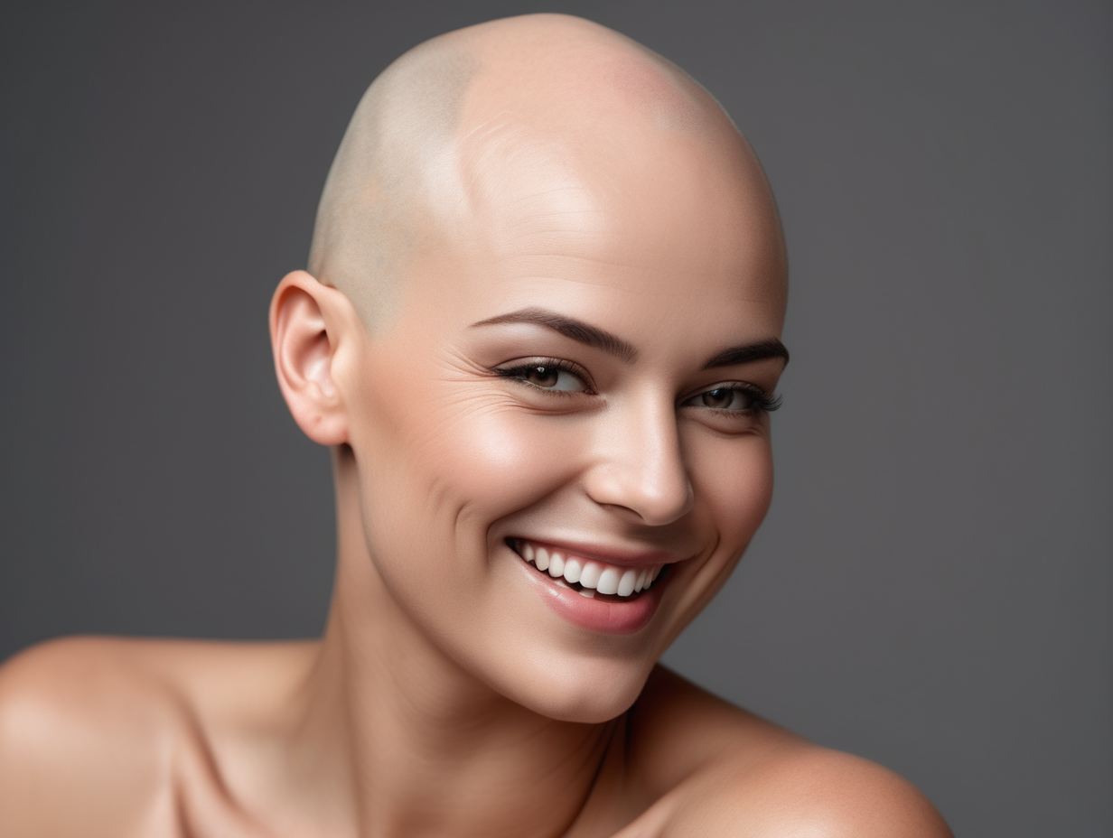 photoshoot of bald model posing and smiling