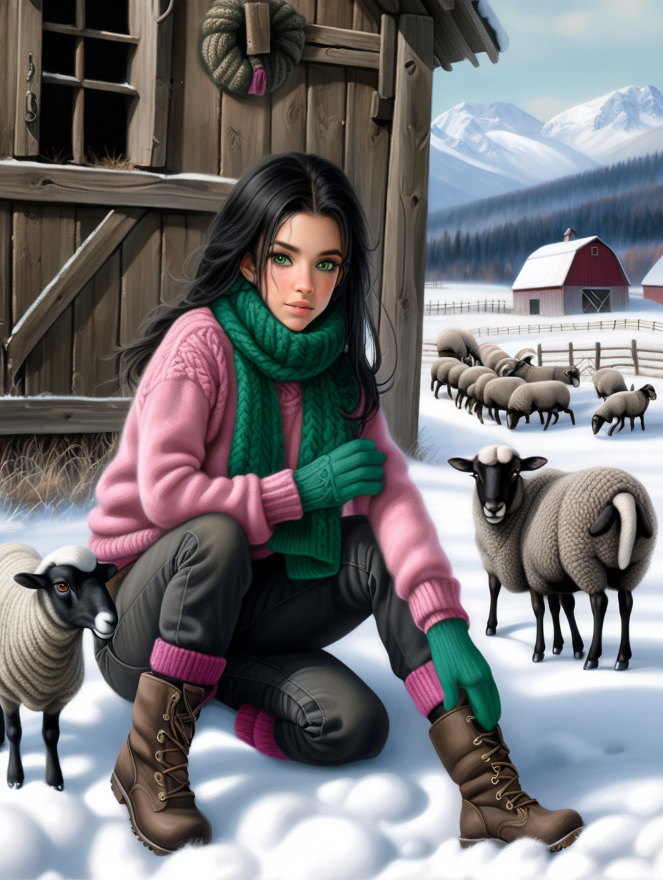 Mountain sheep farm. Hot girl with green eyes and long dark black hair working with animals. I'ts winter - many snow and mud around. Girl wearing short rubber black boots, knitted slippers and thick wrinked hand knitted brown and gray wool socks on legs. Dark and muddy spandex leggings, jeans short pants dirty from mud. On top tight wool hand knitted sweater,  felted bodice in dark green, knitted pink scarf, knitted black gloves, knitted dirty white hat on head. Near is barn. Next to it old wooden house with small frozen windows and smoking chimney. Around old tractor, and equipment.