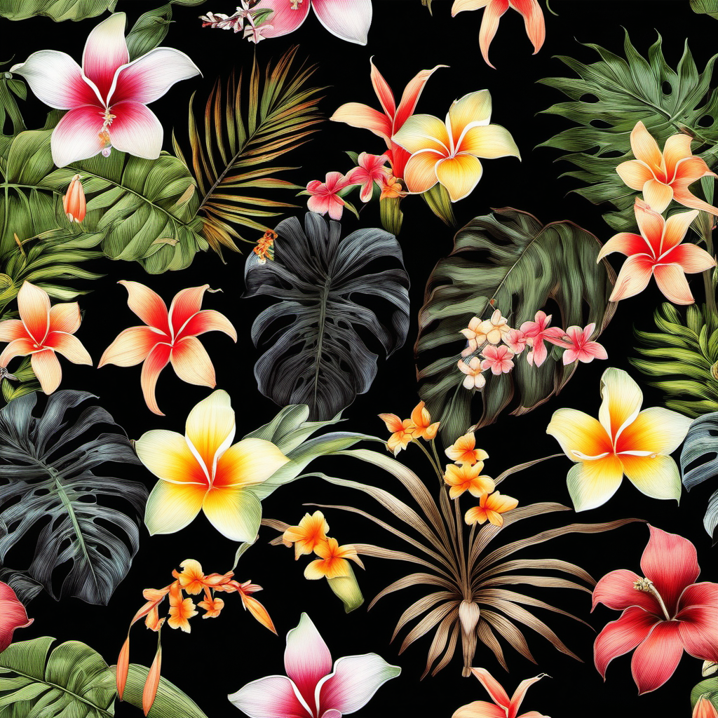 black background with tropical floral pattern of smaller various tropical flowers 