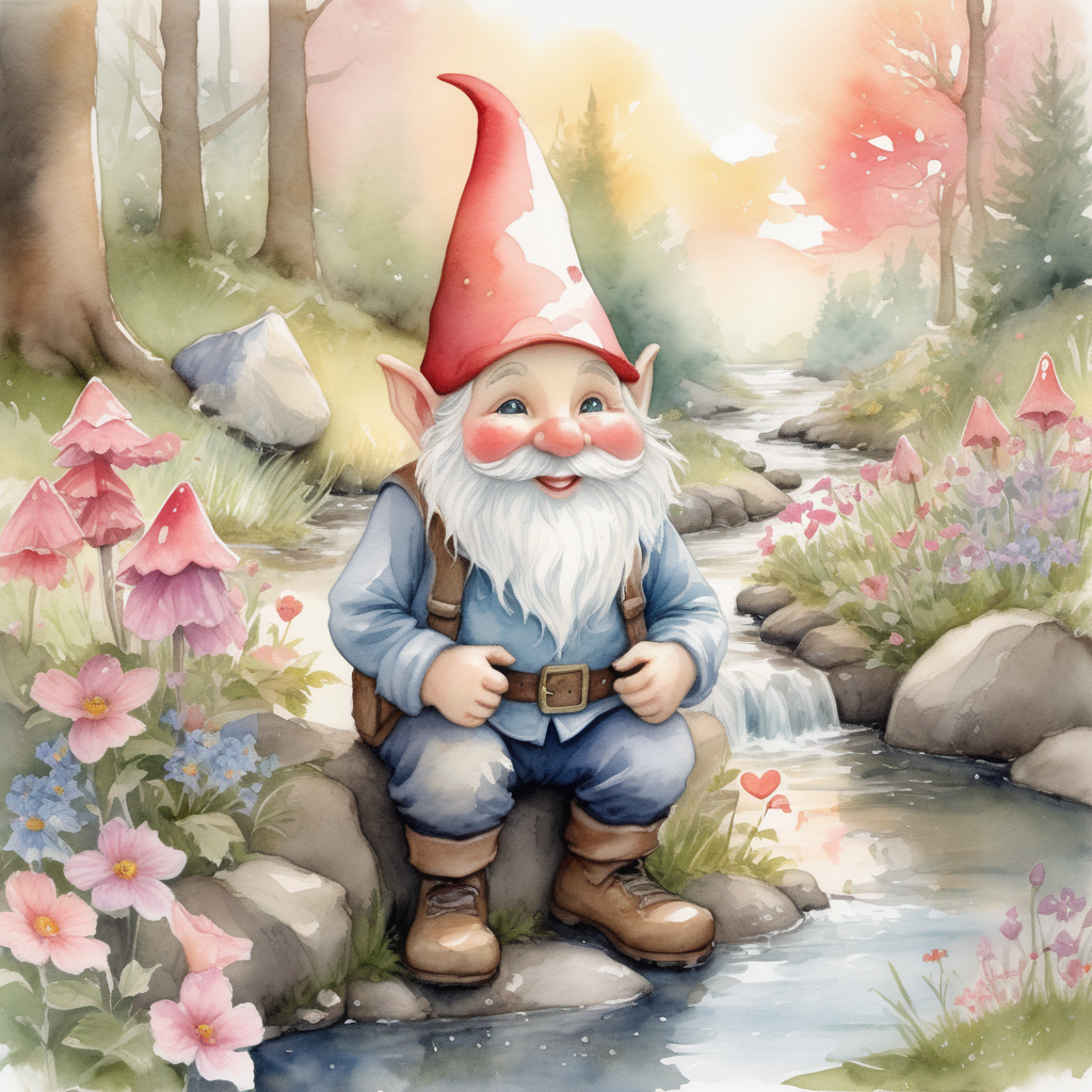 /envision prompt: A watercolor gnome, immersed in a valentine's theme, rendered with delicate strokes reminiscent of classic storybook illustrations. Channeling the whimsy of Beatrix Potter, the gnome, adorned with heart-shaped accents, stands beside a babbling brook, surrounded by blooming wildflowers. The color palette leans towards soft pastels, evoking a sense of romance and innocence. The gnome's expression exudes joy, with twinkling eyes and a gentle smile, illuminated by the warm glow of sunset. The scene carries an enchanting atmosphere, capturing the magic of love in a woodland setting. --v 5 --stylize 1000