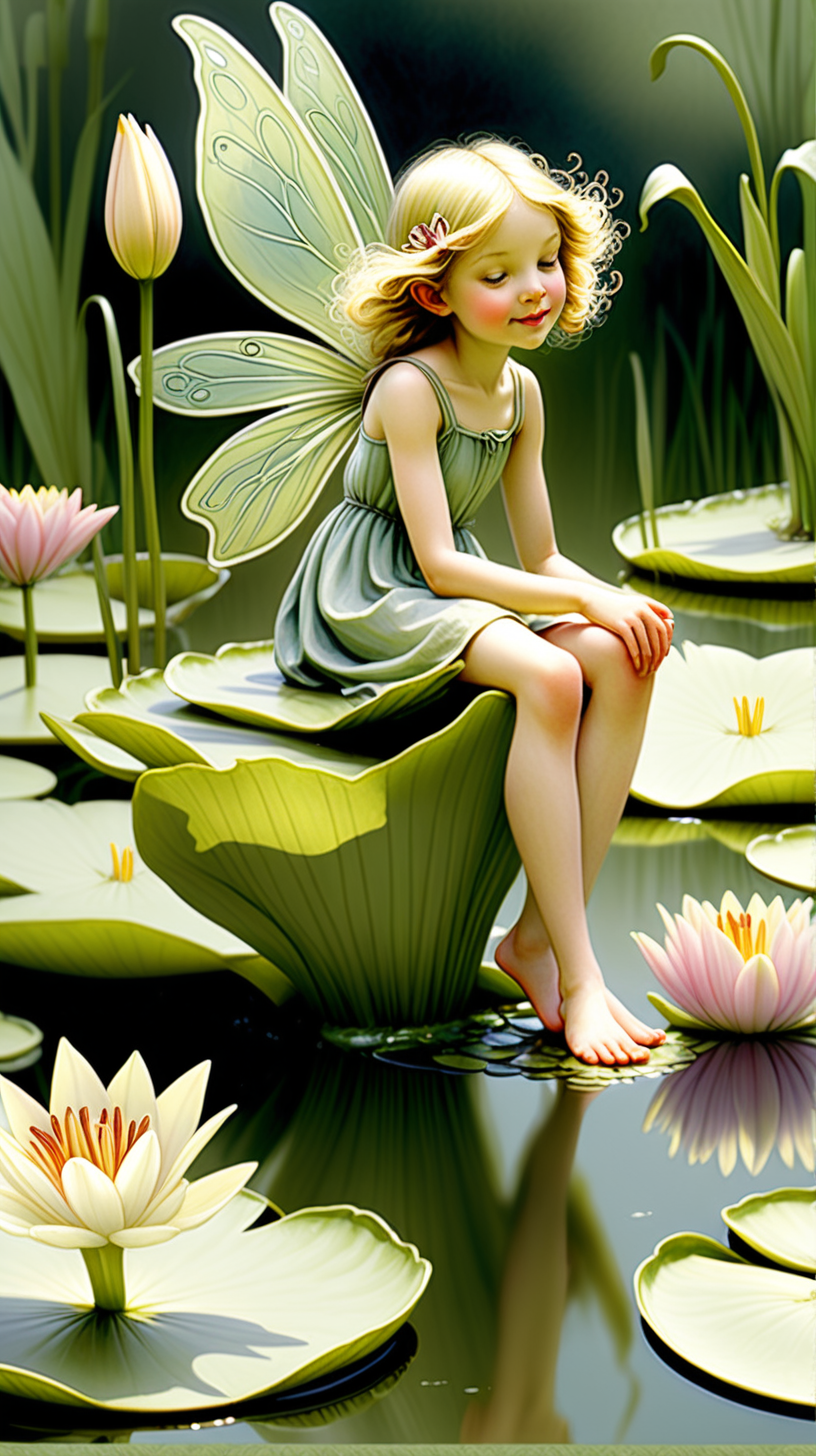 Illustrate a fairy perched on a lily pad, daydreaming in a serene pond, capturing the magical and whimsical atmosphere present in Cicely Mary Barker's flower fairy artwork.