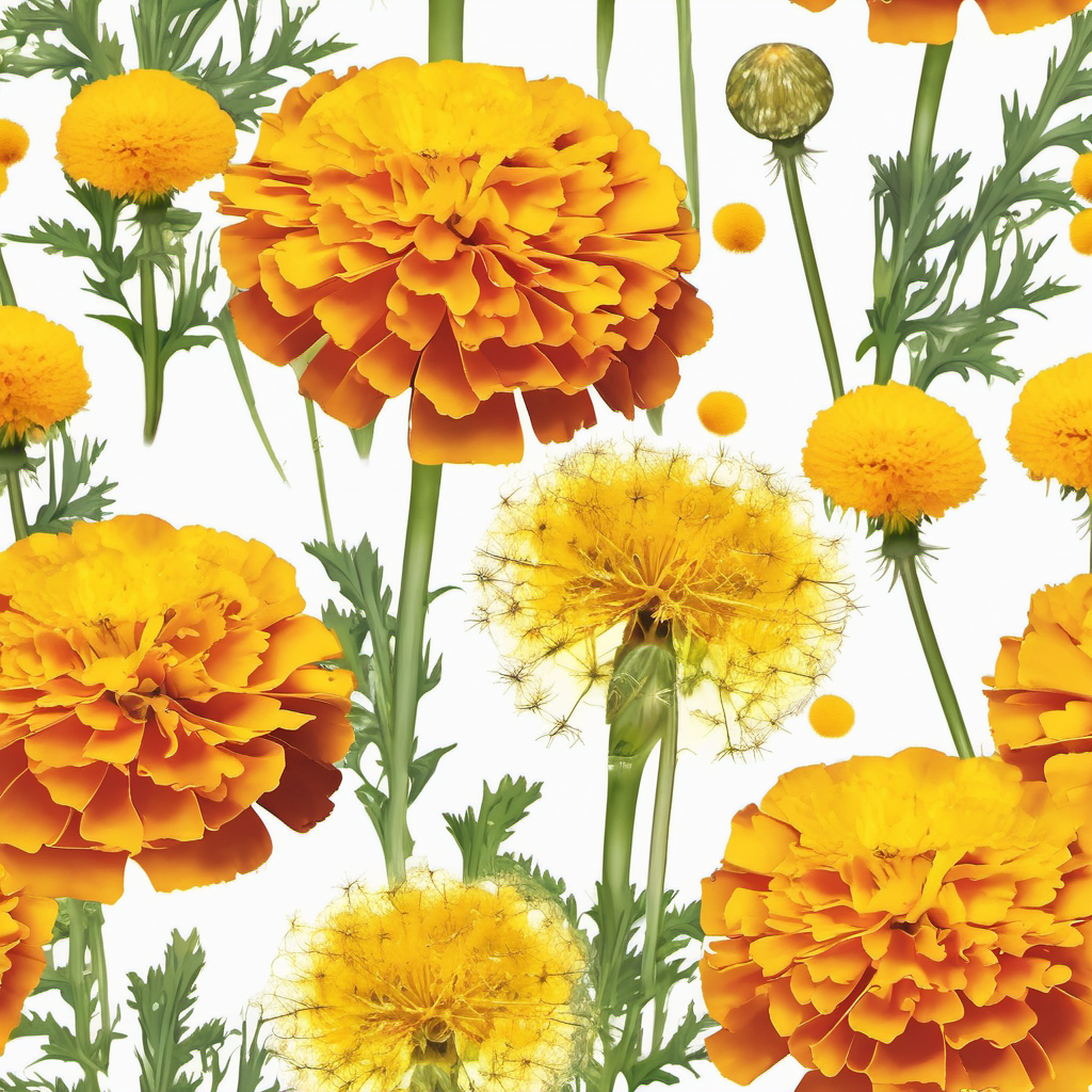 Marigold plant with dandelion puffs