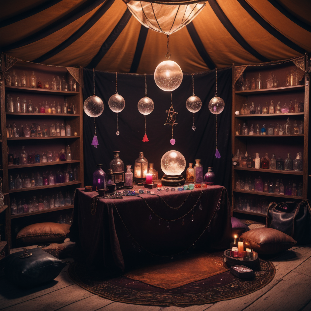 In a fortune teller tent. A table with crystal balls and potions on the shelves. The witchcraft. a leather bag of round crystals to make a bracelet. The tent is dimly lit. There are cushions on the floor around the table.