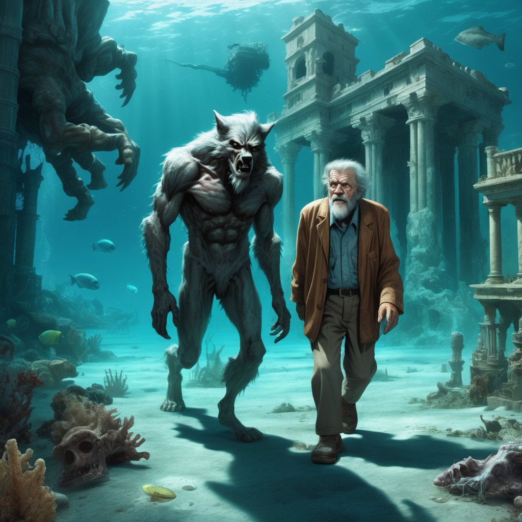  a kind Wolfman  walking side by with  a  frail sick lost old man.  In background the deep underwater city's  ruins of Atlantis