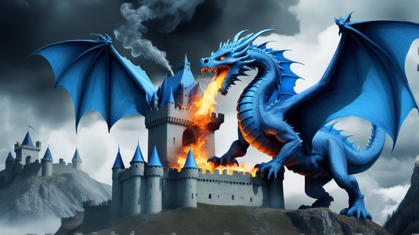 blue fire breathing dragon destroying a castle