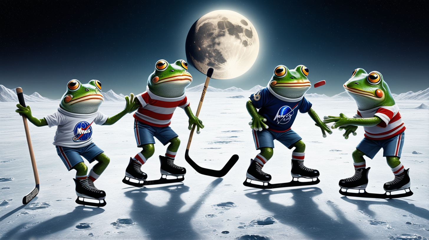 frogs on ice skates playing hockey on the moon