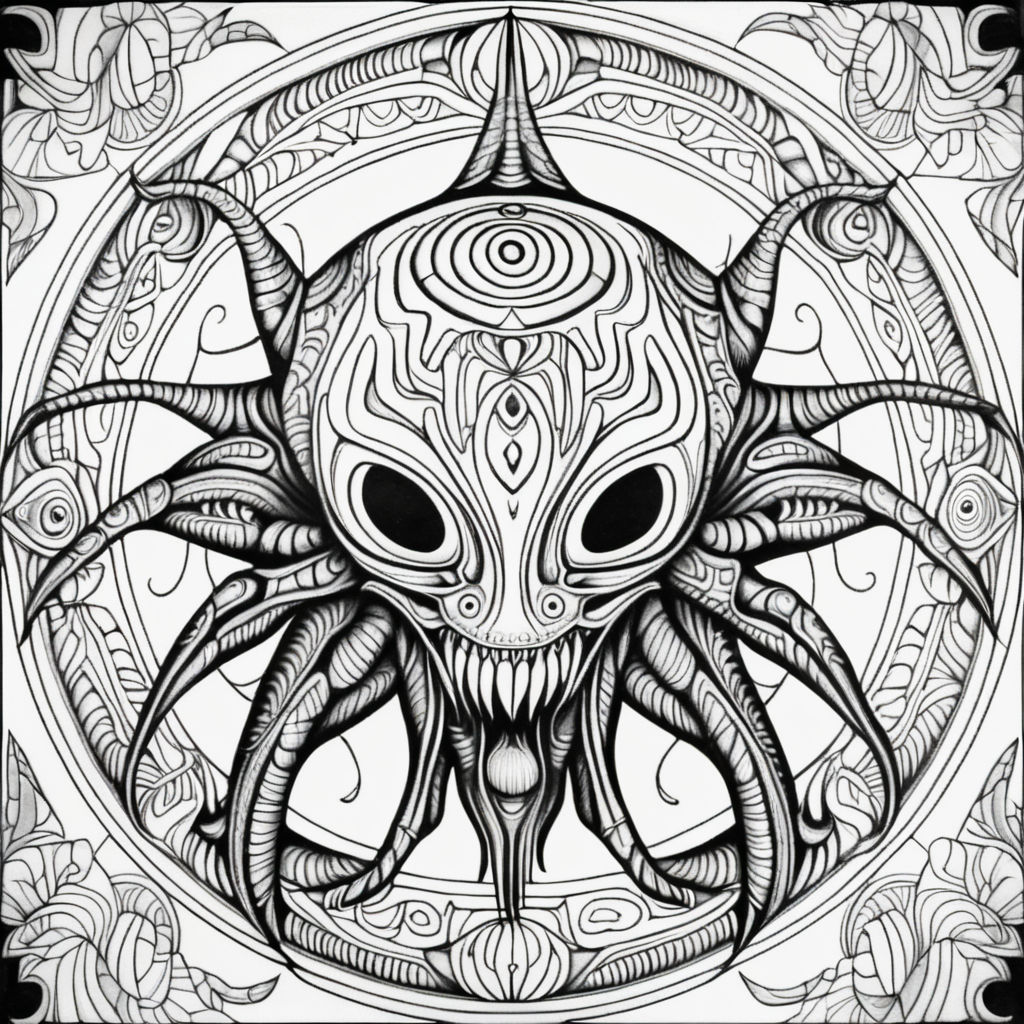 adult coloring book, black & white, clear lines, detailed, symmetrical mandala, alien cultist monster