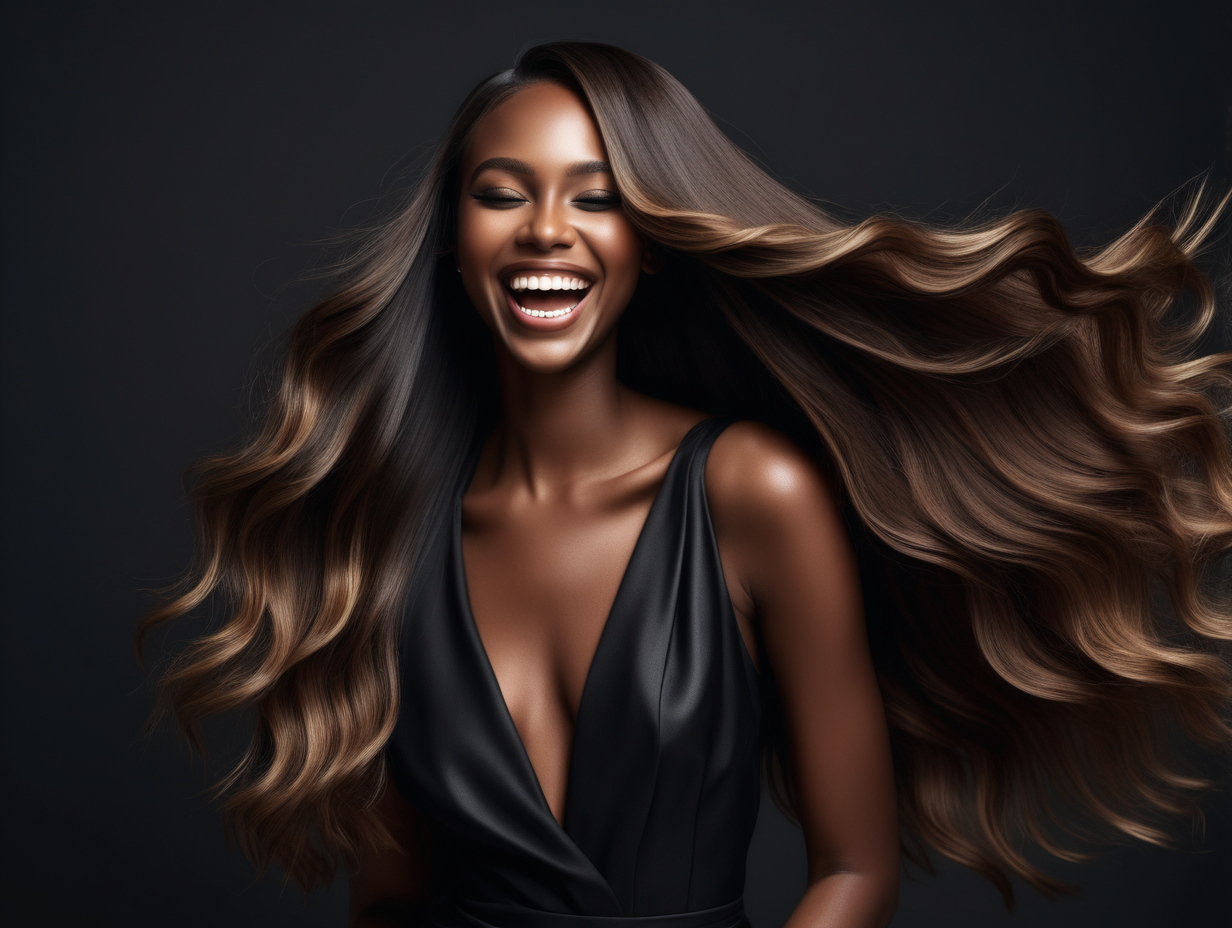 photoshoot of a dark-skinned female model in long brunette dimensional balayage hair posing and laughing in black upscale attire