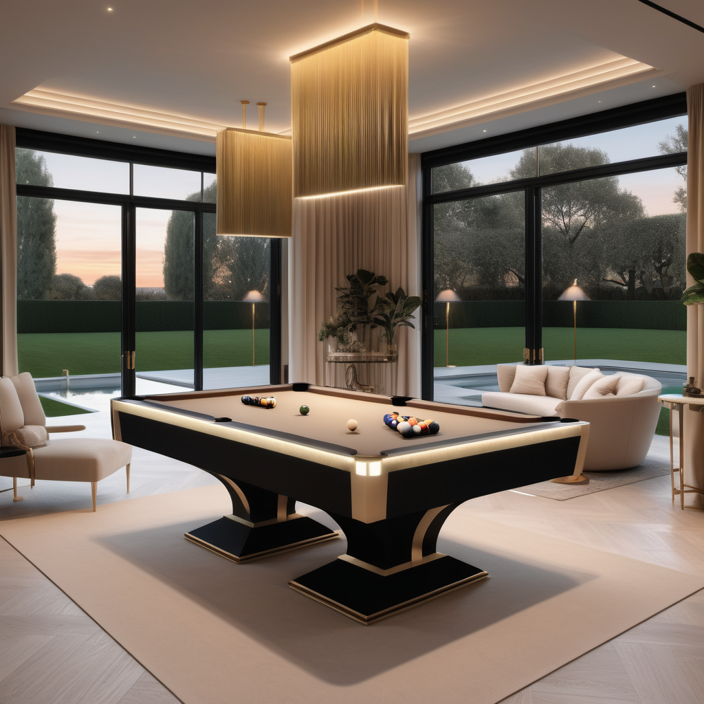a hyperrealistic of an elegant Modern Parisian estate home pool table room at dusk with mood lighting, floor to ceiling windows with a view of  the manicured gardens , in a beige oak brass and black colour palette 
