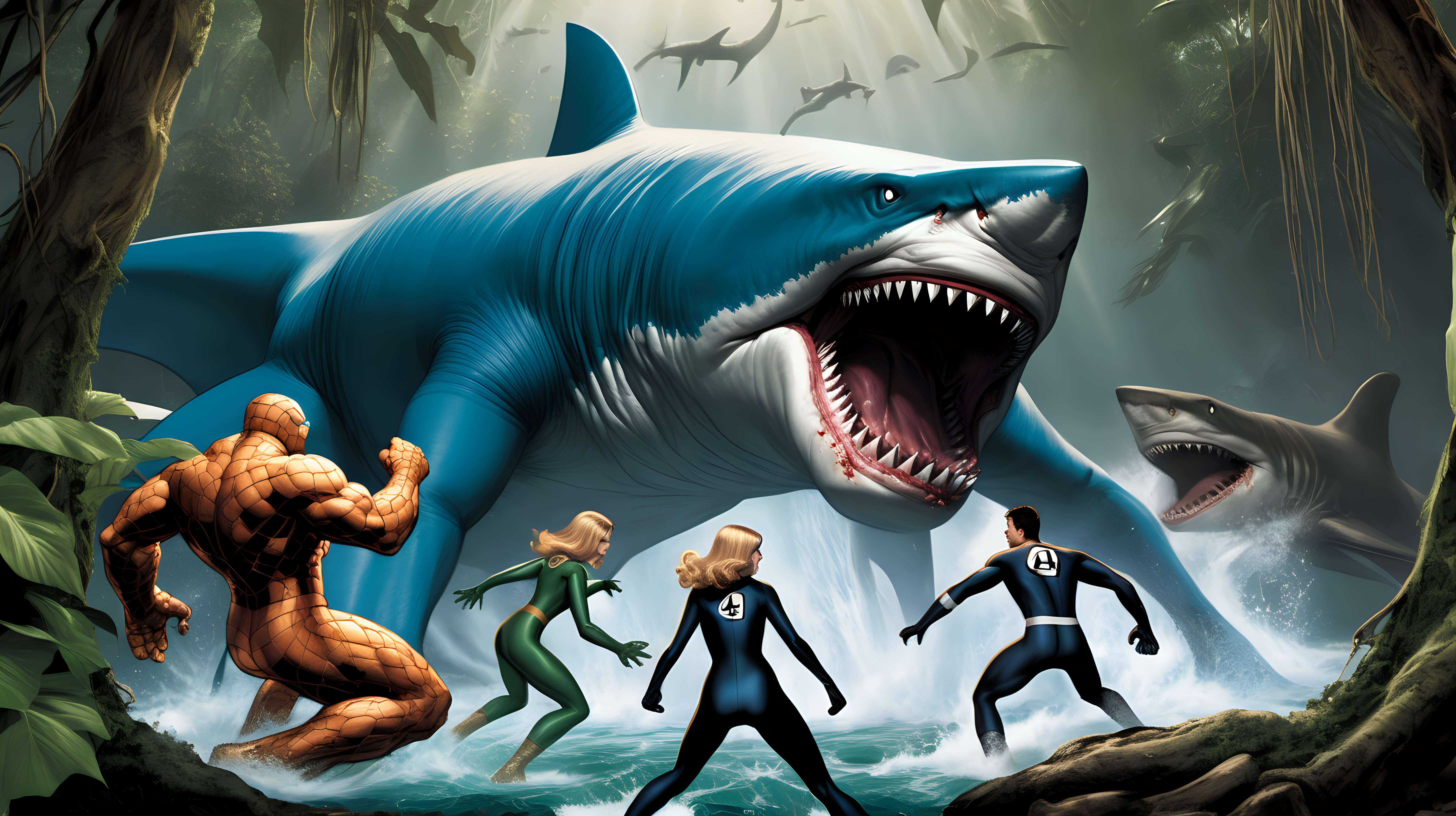 The Fantastic Four fights a giant shark with