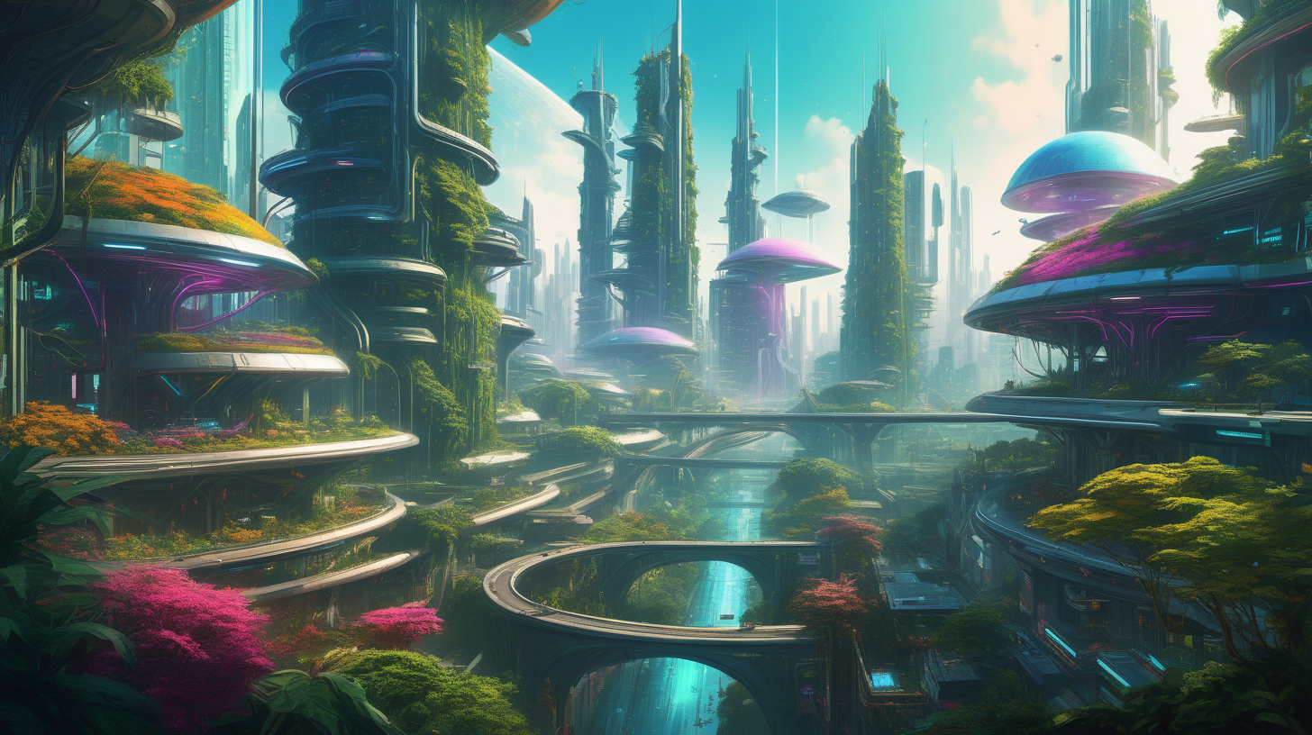 a view of a city with a lot of trees and bushes, garden, beautiful city of the future, future city, in fantasy sci - fi city, in a cyberpunk garden, utopian jungle in space, rainbow cyberpunk city, lush alien landscape, lush foliage cyberpunk, futuristic valley, an alien city, cyberpunk forest, cyberpunk dreamscape, cyberpunk in foliage with birge connect together.