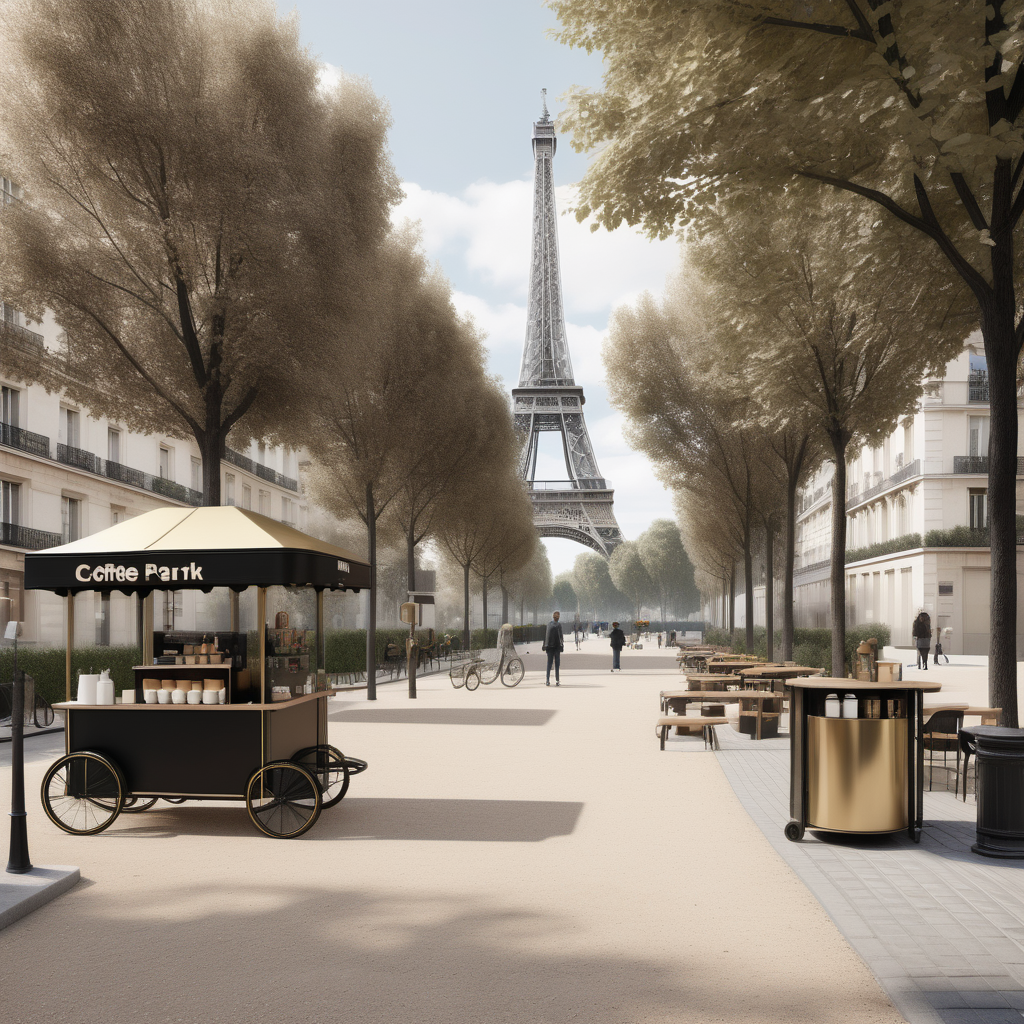 hyperrealistic modern Parisian street of park with coffee