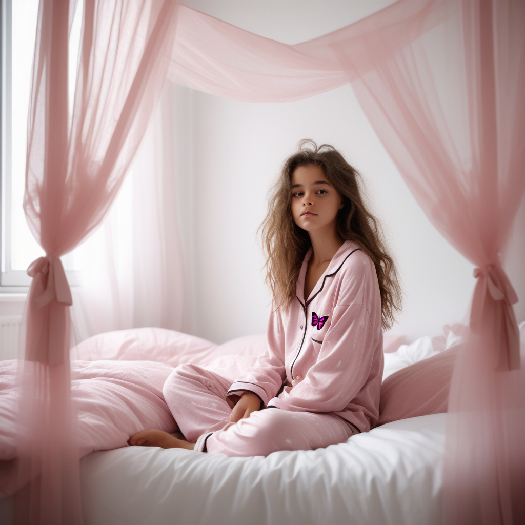 A teenage girl with long brown hair. sits on her big bed. She woke up after a nightmare. The bed has a canopy with a tulle. Her room is light pink. Her bed sheets are white. She looks scared. She is wearing pink pajamas. There's a butterfly broach in her hand. 