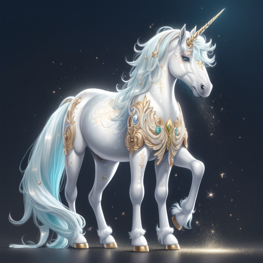 a full body image of a magical white unicorn with a shimmering coat with head bowed down as if to be petted similar to Diana Cooper in anime style