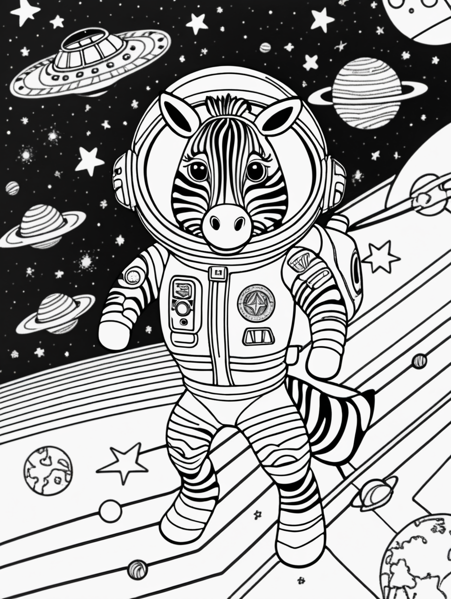 colouring book, simple lines, Zebra in a Spaceship, space background  --AR 1:1.41-- 