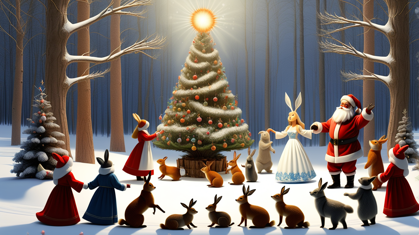 З има, лес, падает снег. солнце ярко светит, стоит в цетре  высокая нарядная новогодняя елка , санта клаус держит за руку снегурку, все  зайцы, олени, лисы, волки, медведи встали в круг, взялись за руки, вокруг елки водят веселый хоровод. Санта клаус со снегуркой и все звери весело танцуют вокруг елки
