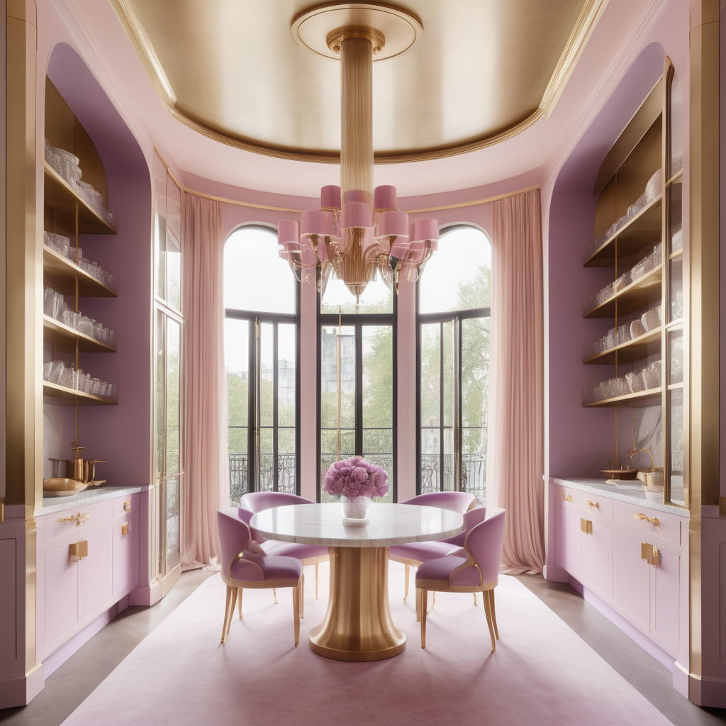 hyperrealistic image of large modern Parisian butlers pantry, floor to ceiling windows, curves, beige, pink, lilac and brass colour palette, brass chandelier, sheer curtains