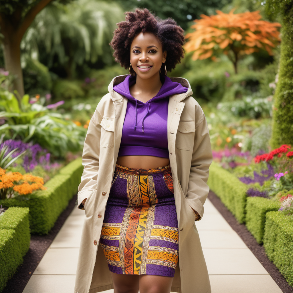 Beautiful Black woman with tribal paint, wearing a low haircut and African print Skirt, wearing a Beige, waist length hooded coat with African print material in various areas of the garment, wearing a purple, knit dress shirt, wearing cream colored denim with African print material  inside the pockets,  Vibrant images that represent African heritage, In a lush colorful botanical garden, looking to the left, 4k, high definition, high resolution, sunny day light source from above center